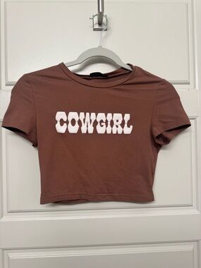 SHEIN Brown Baby Tee with White 'COWGIRL' Graphic